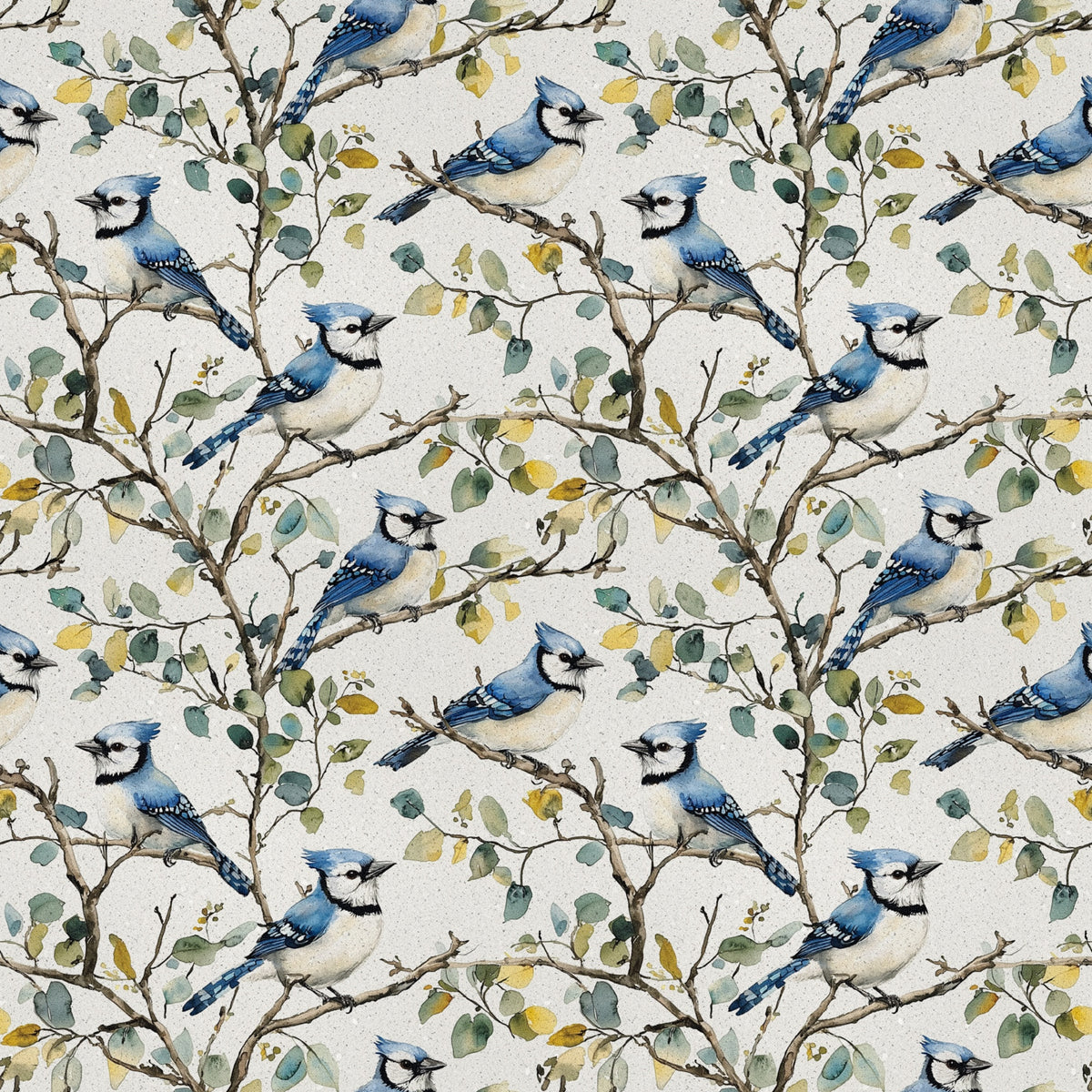 blue jay, birds, branches, leaves, floral pattern, repeating design, nature motif, watercolor style, cream background, teal blue, sage green, yellow accents, brown branches, quilting cotton, fabric panel, botanical design, perched birds, woodland theme, soft colors, artistic illustration