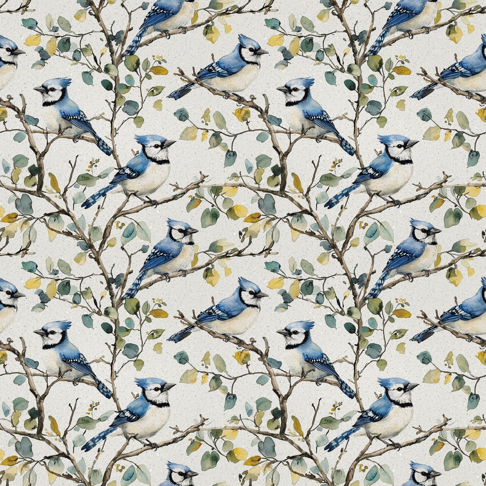 blue jay, birds, branches, leaves, floral pattern, repeating design, nature motif, watercolor style, cream background, teal blue, sage green, yellow accents, brown branches, quilting cotton, fabric panel, botanical design, perched birds, woodland theme, soft colors, artistic illustration