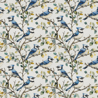 blue jay, birds, branches, leaves, floral pattern, repeating design, nature motif, watercolor style, cream background, teal blue, sage green, yellow accents, brown branches, quilting cotton, fabric panel, botanical design, perched birds, woodland theme, soft colors, artistic illustration