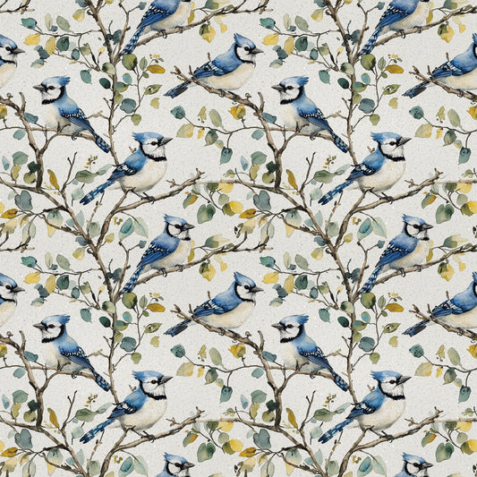 blue jay, birds, branches, leaves, floral pattern, repeating design, nature motif, watercolor style, cream background, teal blue, sage green, yellow accents, brown branches, quilting cotton, fabric panel, botanical design, perched birds, woodland theme, soft colors, artistic illustration