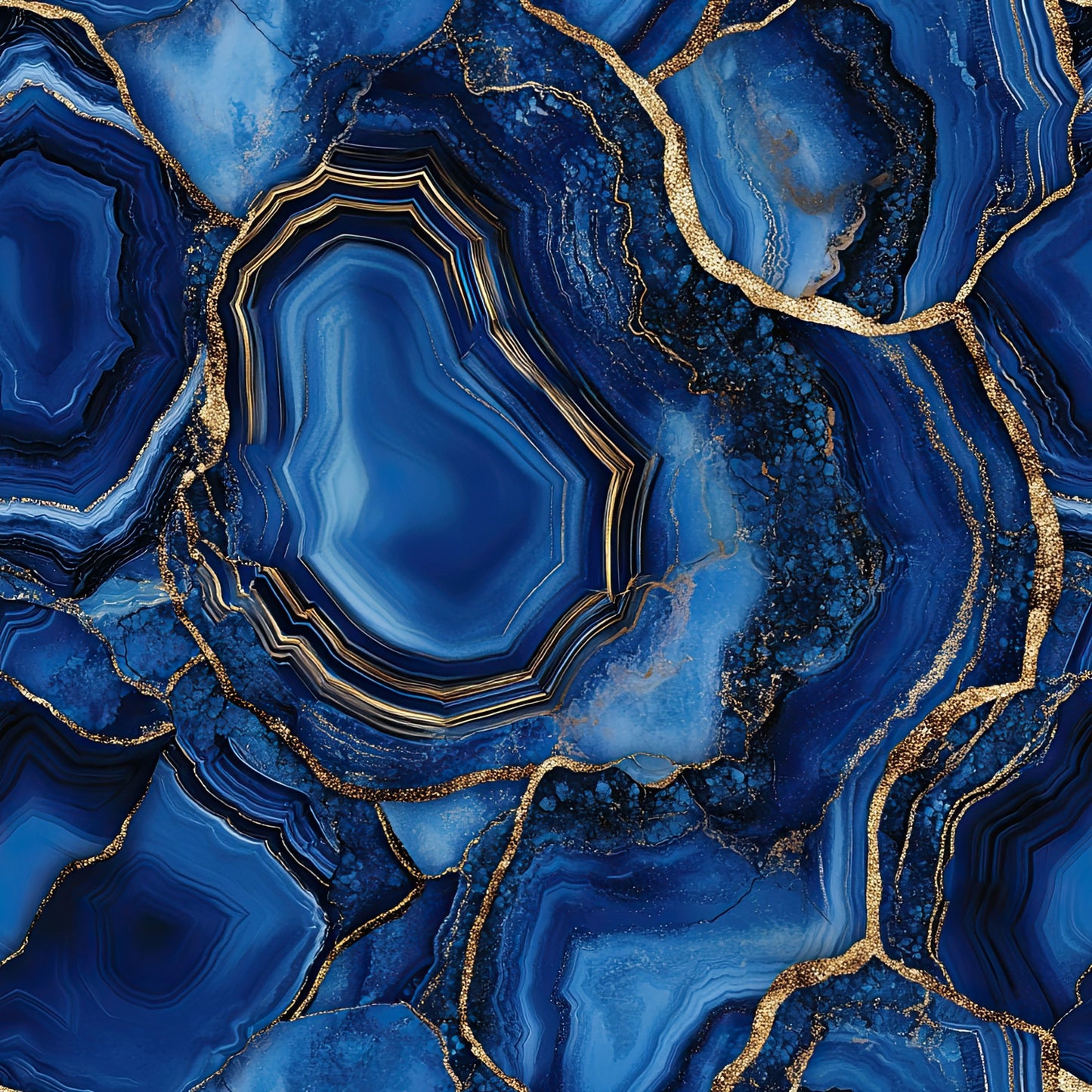 royal blue, deep blue, navy blue, gold, golden, metallic accents, agate pattern, geode design, marbled texture, swirled patterns, concentric circles, organic shapes, mineral formations, luxurious, elegant, sophisticated, quilting cotton, fabric panel, gemstone inspired, flowing lines