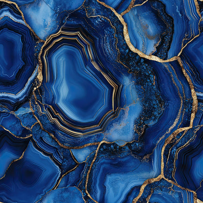 royal blue, deep blue, navy blue, gold, golden, metallic accents, agate pattern, geode design, marbled texture, swirled patterns, concentric circles, organic shapes, mineral formations, luxurious, elegant, sophisticated, quilting cotton, fabric panel, gemstone inspired, flowing lines