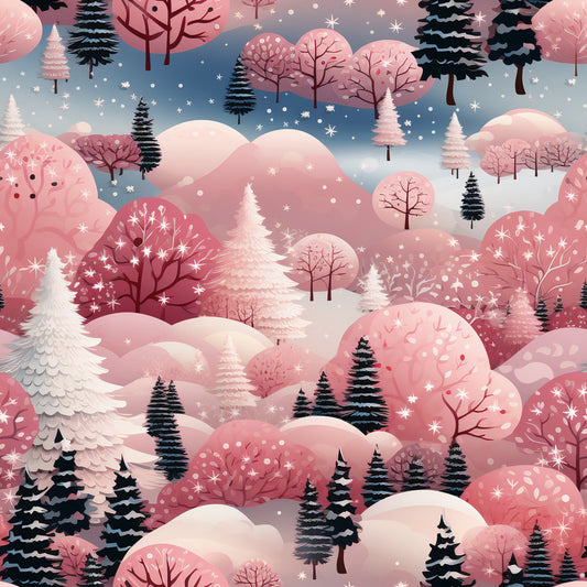 christmas fabric, winter wonderland, quilting cotton, fabric panel, pink palette, blush tones, evergreen trees, snowy landscape, rolling hills, snowflakes, whimsical illustration, deciduous trees, winter scene, seasonal motif, soft pastels, dusty rose, sage green, stylized trees, repeating pattern, cotton fabric