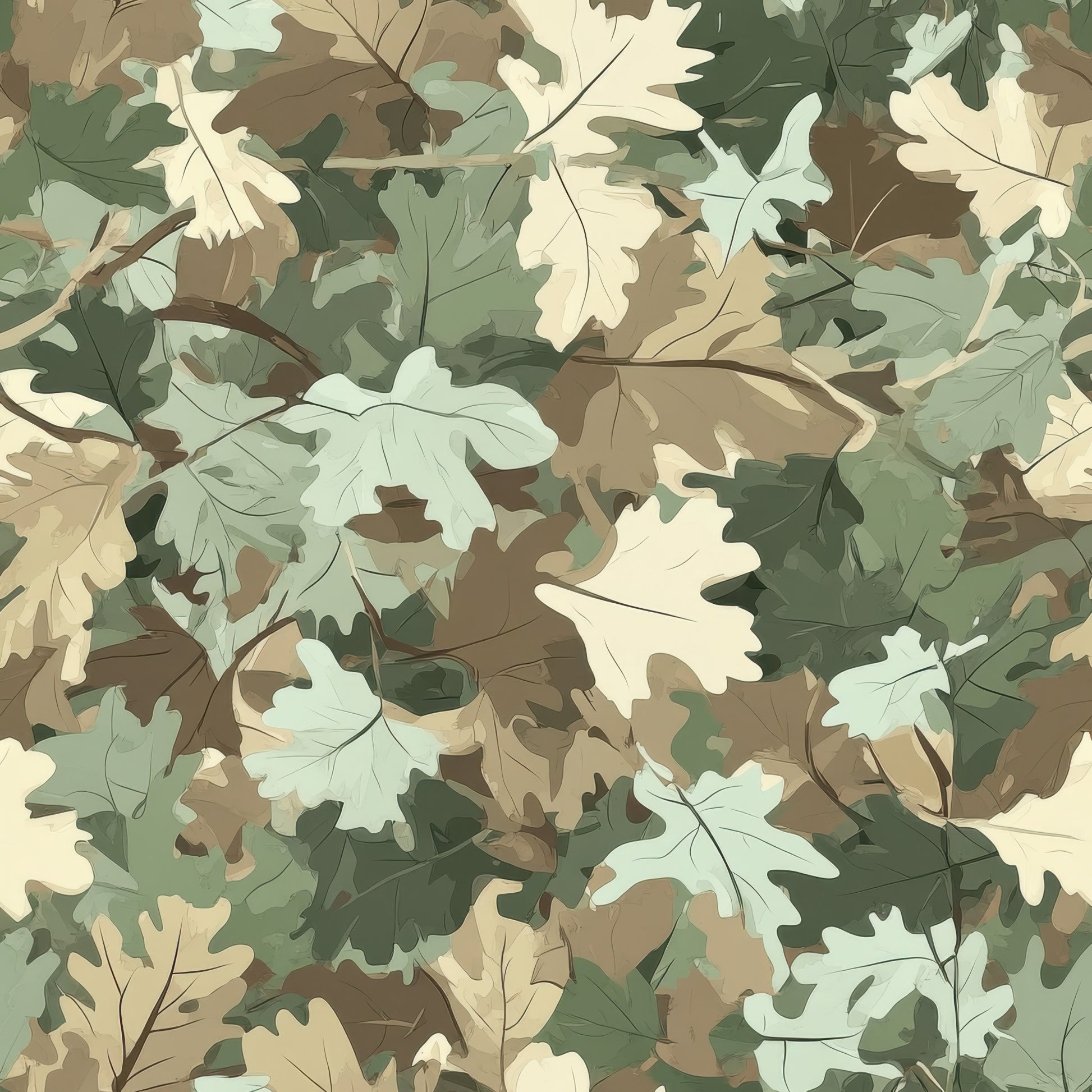 hunting camouflage, realistic leaves, oak leaves, sage green, forest green, tan, beige, cream, brown, muted earth tones, woodland pattern, autumn foliage, overlapping leaves, nature motif, quilting cotton, fabric panel, outdoor theme, hunting decor, leaf silhouettes, camouflage design