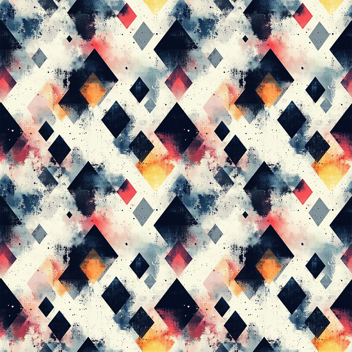 mid century modern, geometric pattern, diamond shapes, navy blue, coral pink, orange, yellow, gray, watercolor effect, abstract design, distressed texture, quilting cotton, fabric panel, retro style, vintage inspired, scattered diamonds, painterly finish, modern geometric, artistic pattern