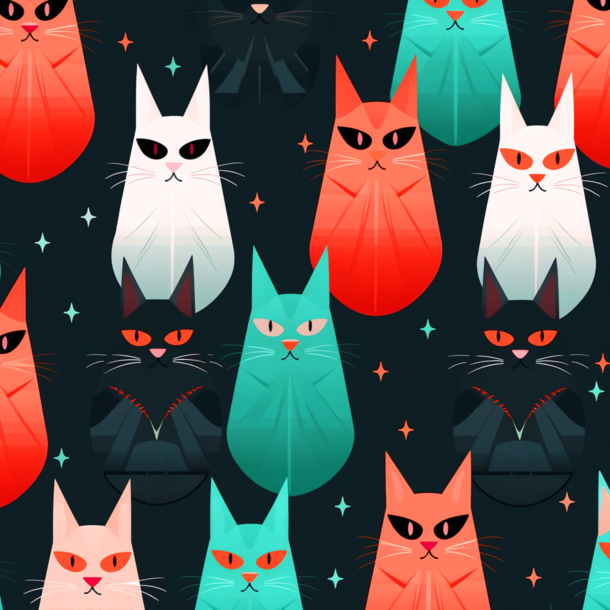 geometric cats, suspicious felines, coral orange, turquoise teal, white cats, black cats, dark navy background, colorful stars, angular design, modern illustration, quilting cotton, fabric panel, contemporary art style, stylized animals, mysterious mood, vibrant colors, repeating pattern, crafting material, sewing fabric, sleek cat silhouettes