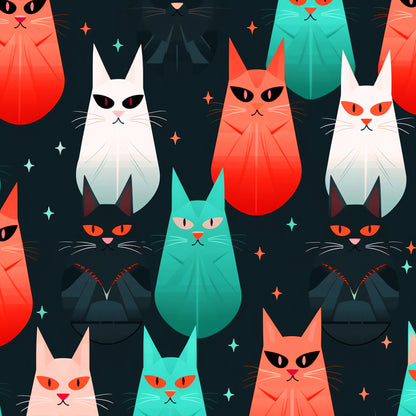 geometric cats, suspicious felines, coral orange, turquoise teal, white cats, black cats, dark navy background, colorful stars, angular design, modern illustration, quilting cotton, fabric panel, contemporary art style, stylized animals, mysterious mood, vibrant colors, repeating pattern, crafting material, sewing fabric, sleek cat silhouettes