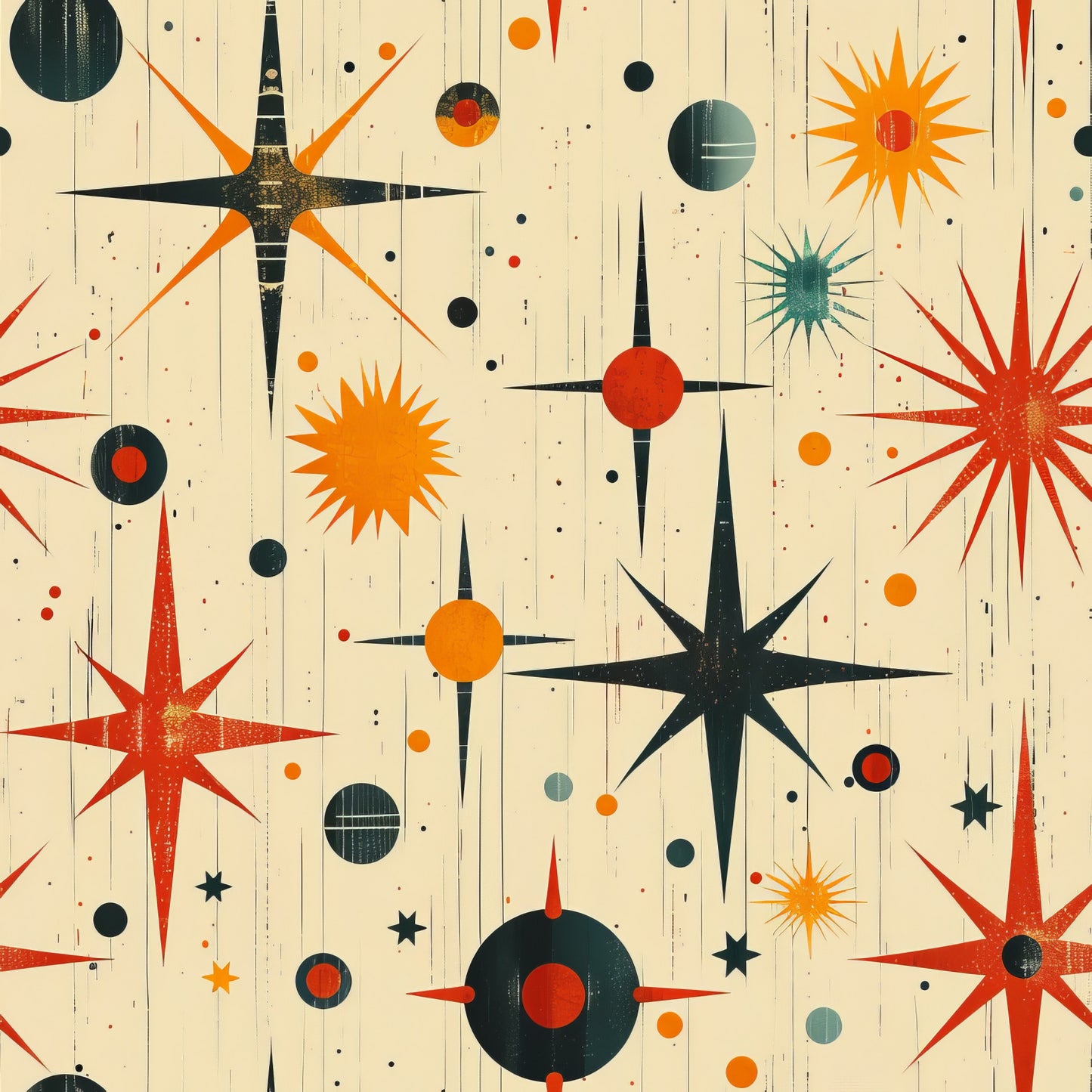 retro starburst, mid-century modern, atomic age, geometric shapes, orange, red, teal, cream, beige, black, star patterns, celestial motifs, sunburst designs, circles, dots, vintage style, quilting cotton, fabric panel, space age, modernist design
