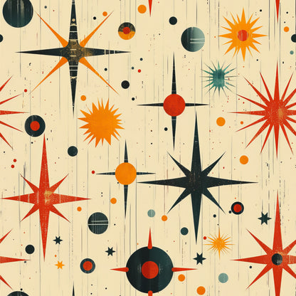 retro starburst, mid-century modern, atomic age, geometric shapes, orange, red, teal, cream, beige, black, star patterns, celestial motifs, sunburst designs, circles, dots, vintage style, quilting cotton, fabric panel, space age, modernist design