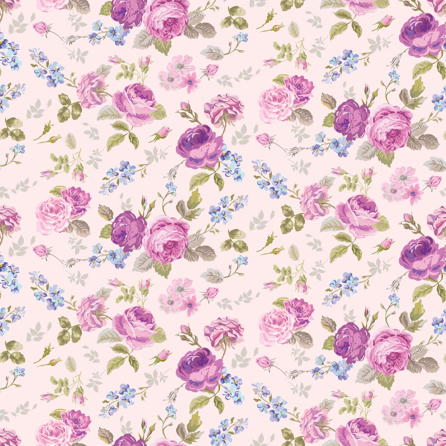 pink, purple, lavender, blue, cream, floral pattern, roses, small flowers, leaves, botanical, vintage style, shabby chic, romantic, feminine, quilting cotton, fabric panel, tea party theme, delicate, soft pastels, ditsy floral