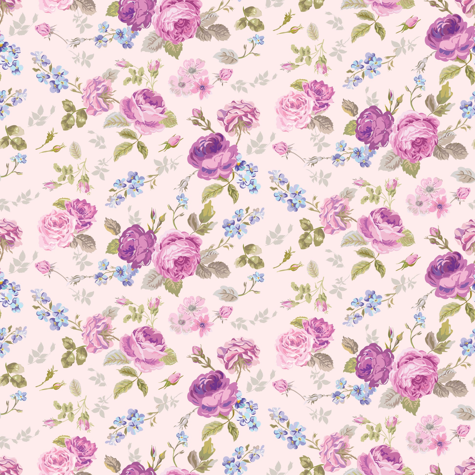 pink, purple, lavender, blue, cream, floral pattern, roses, small flowers, leaves, botanical, vintage style, shabby chic, romantic, feminine, quilting cotton, fabric panel, tea party theme, delicate, soft pastels, ditsy floral