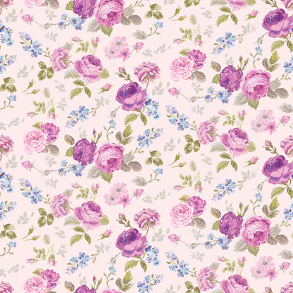 pink, purple, lavender, blue, cream, floral pattern, roses, small flowers, leaves, botanical, vintage style, shabby chic, romantic, feminine, quilting cotton, fabric panel, tea party theme, delicate, soft pastels, ditsy floral
