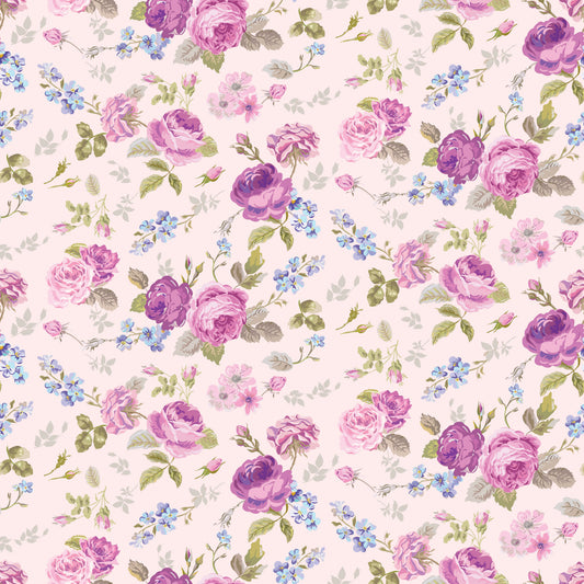 pink, purple, lavender, blue, cream, floral pattern, roses, small flowers, leaves, botanical, vintage style, shabby chic, romantic, feminine, quilting cotton, fabric panel, tea party theme, delicate, soft pastels, ditsy floral