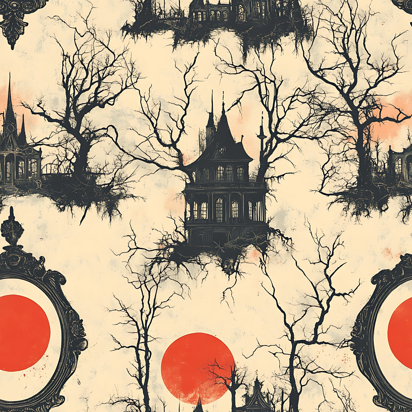 blood moon, red circles, gothic manor, haunted house, bare trees, spooky silhouettes, victorian architecture, eerie atmosphere, cream background, black silhouettes, ornate mirrors, gothic windows, twisted branches, horror theme, halloween fabric, quilting cotton, fabric panel, supernatural scene, dark fantasy, macabre design