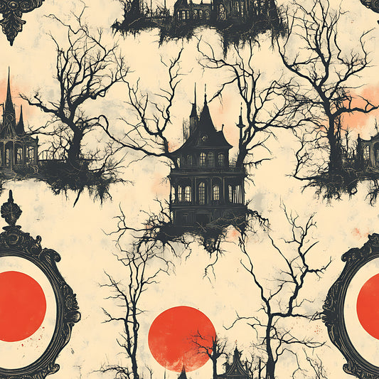 blood moon, red circles, gothic manor, haunted house, bare trees, spooky silhouettes, victorian architecture, eerie atmosphere, cream background, black silhouettes, ornate mirrors, gothic windows, twisted branches, horror theme, halloween fabric, quilting cotton, fabric panel, supernatural scene, dark fantasy, macabre design