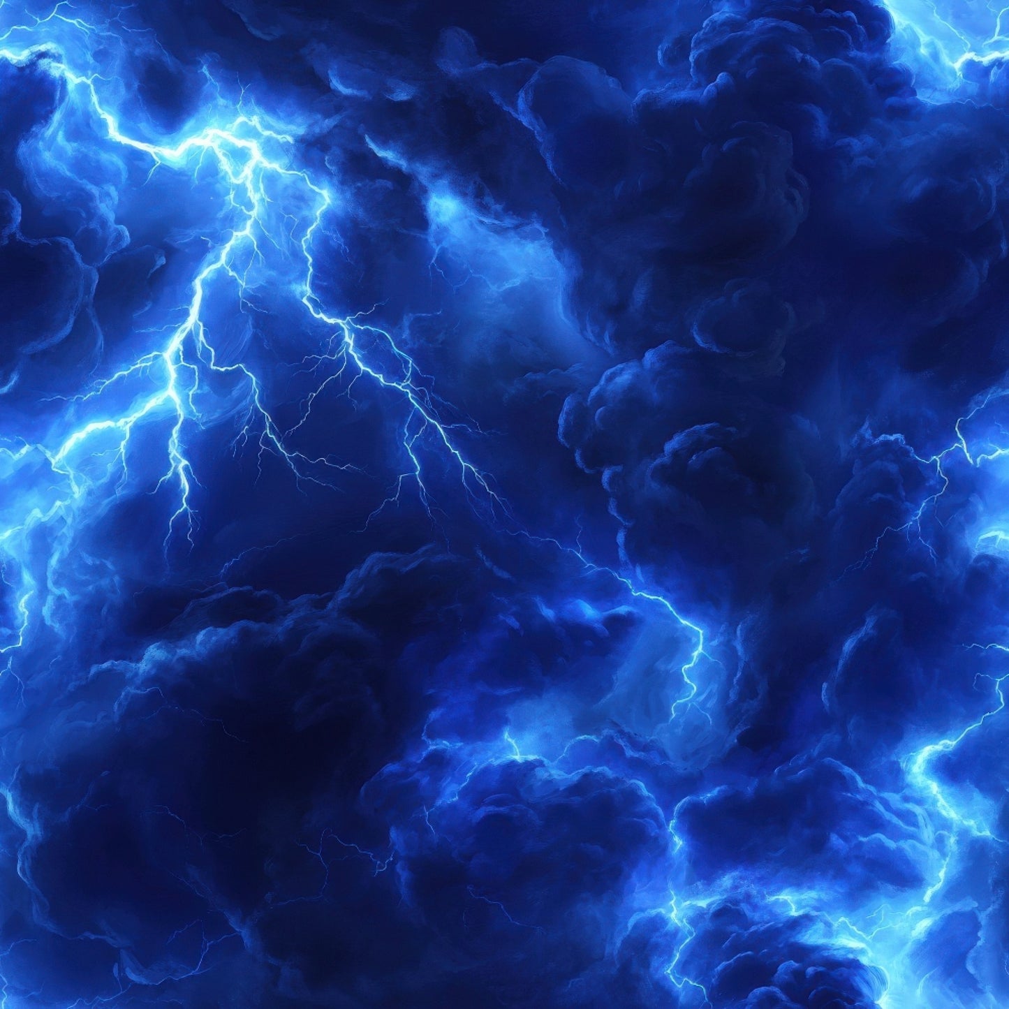 electric blue, navy blue, bright blue, lightning bolts, thunderstorm, storm clouds, dramatic sky, electrical discharge, zigzag patterns, branching lines, stormy weather, quilting cotton, fabric panel, moody atmosphere, intense energy, weather phenomena, turbulent clouds, electric patterns, storm scene, atmospheric design