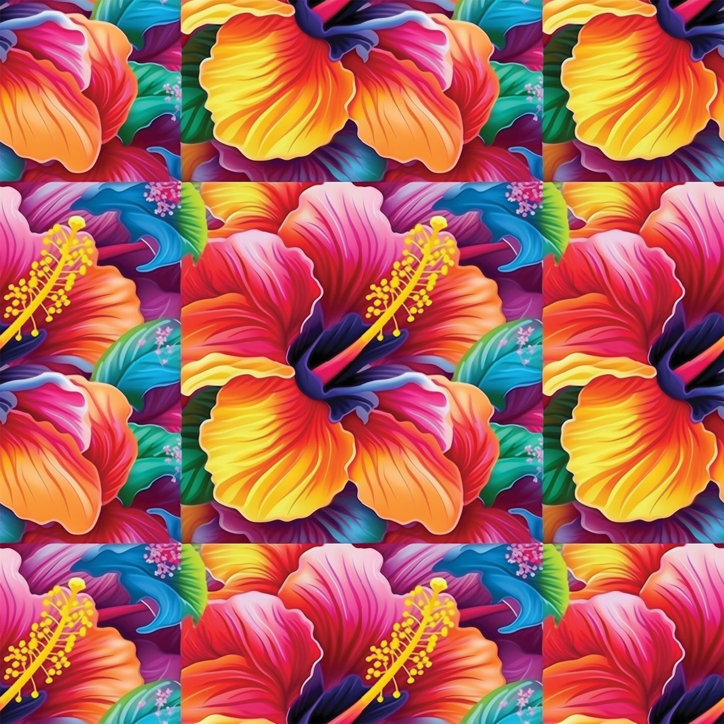 colorful flowers, hibiscus pattern, tropical blooms, vibrant petals, rainbow colors, orange gradient, pink flowers, yellow stamens, blue accents, purple hues, floral motifs, tropical paradise, bright botanical, quilting cotton, fabric panel, seamless repeat, summer vibes, exotic flowers, multi-colored design, hawaiian style