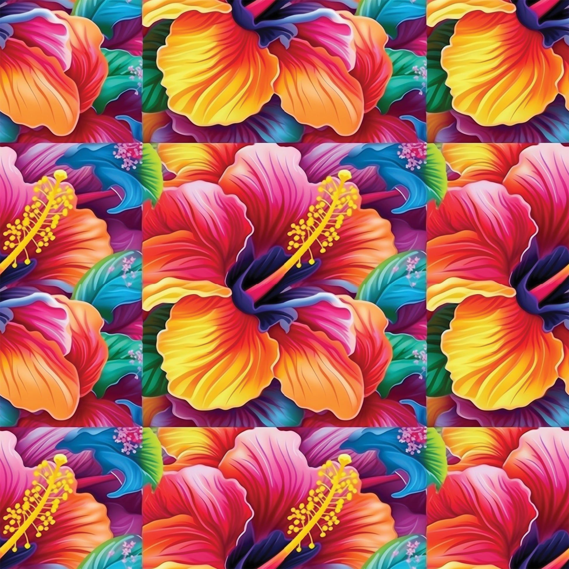 colorful flowers, hibiscus pattern, tropical blooms, vibrant petals, rainbow colors, orange gradient, pink flowers, yellow stamens, blue accents, purple hues, floral motifs, tropical paradise, bright botanical, quilting cotton, fabric panel, seamless repeat, summer vibes, exotic flowers, multi-colored design, hawaiian style