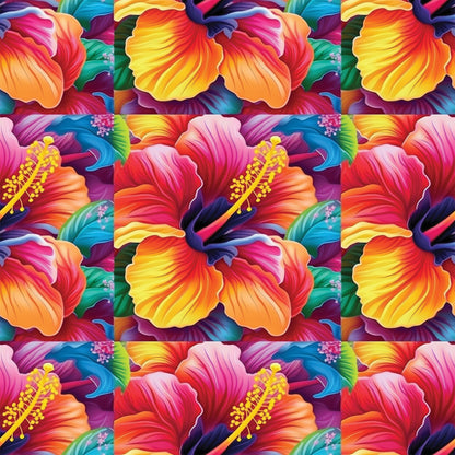 colorful flowers, hibiscus pattern, tropical blooms, vibrant petals, rainbow colors, orange gradient, pink flowers, yellow stamens, blue accents, purple hues, floral motifs, tropical paradise, bright botanical, quilting cotton, fabric panel, seamless repeat, summer vibes, exotic flowers, multi-colored design, hawaiian style