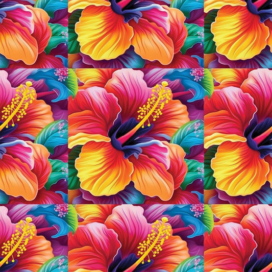 colorful flowers, hibiscus pattern, tropical blooms, vibrant petals, rainbow colors, orange gradient, pink flowers, yellow stamens, blue accents, purple hues, floral motifs, tropical paradise, bright botanical, quilting cotton, fabric panel, seamless repeat, summer vibes, exotic flowers, multi-colored design, hawaiian style