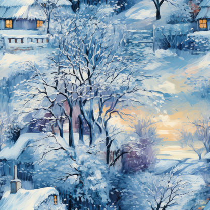 winter scene, snow-covered landscape, bare trees, cottages, warm golden light, blue tones, white snow, purple shadows, quilting cotton, fabric panel, cozy homes, rural village, dawn lighting, peaceful countryside, winter morning, snowy branches, glowing windows, serene atmosphere, painted style, seasonal fabric