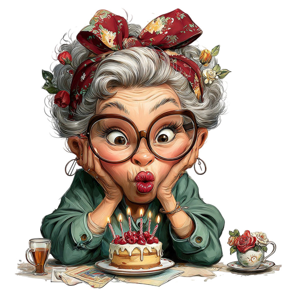 Whimsical Old Lady Birthday Fabric Panel 26