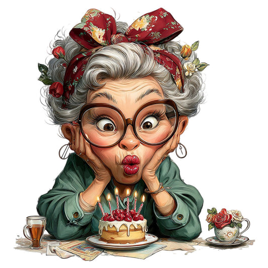 Whimsical Old Lady Birthday Fabric Panel 26