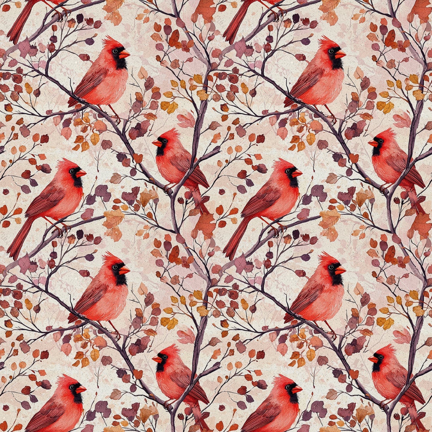 red cardinals, autumn leaves, birds, branches, coral red, burgundy, orange, brown, watercolor style, repeating pattern, quilting cotton, fabric panel, seasonal design, nature motif, fall colors, botanical elements, wildlife pattern, artistic illustration, warm tones, perched birds
