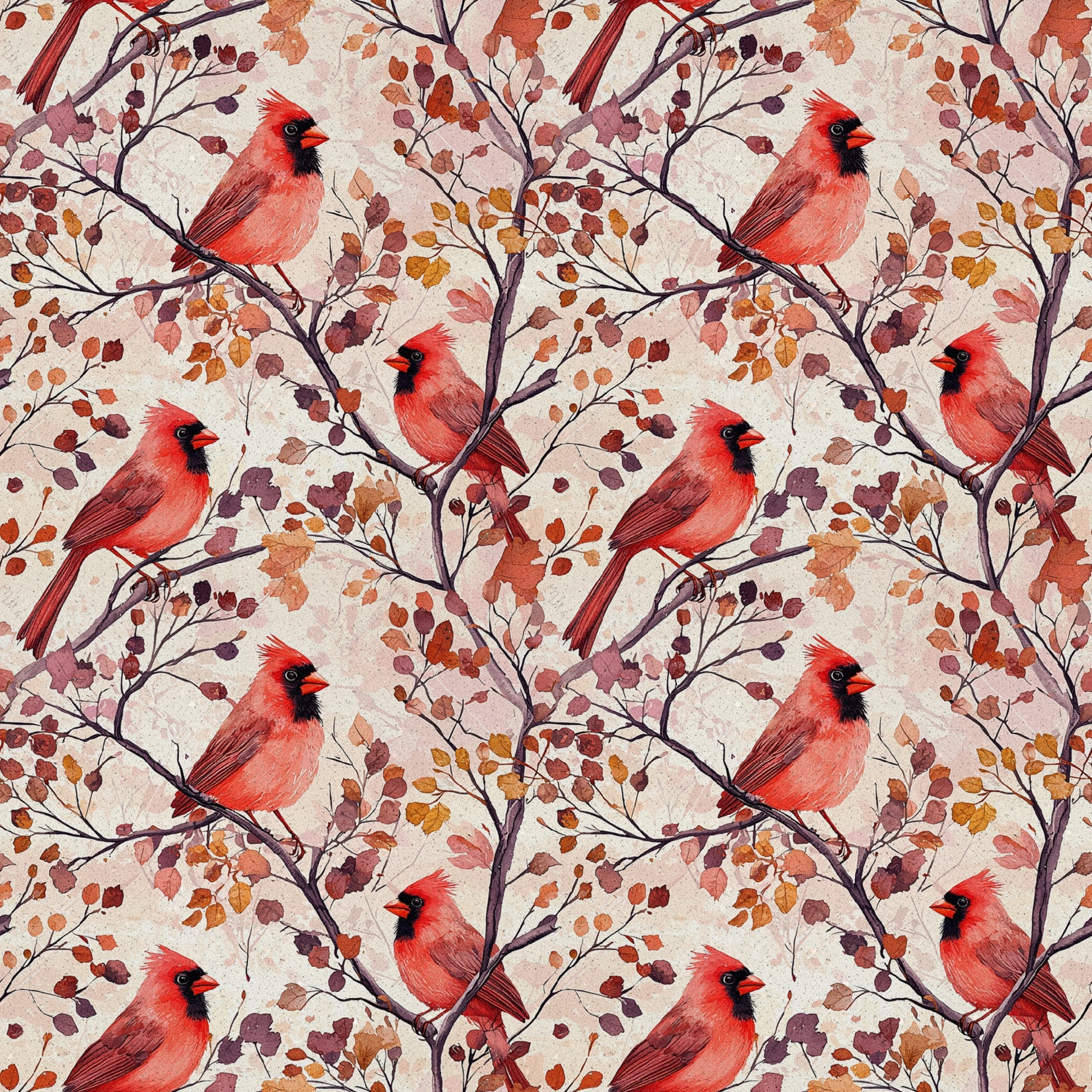 red cardinals, autumn leaves, birds, branches, coral red, burgundy, orange, brown, watercolor style, repeating pattern, quilting cotton, fabric panel, seasonal design, nature motif, fall colors, botanical elements, wildlife pattern, artistic illustration, warm tones, perched birds