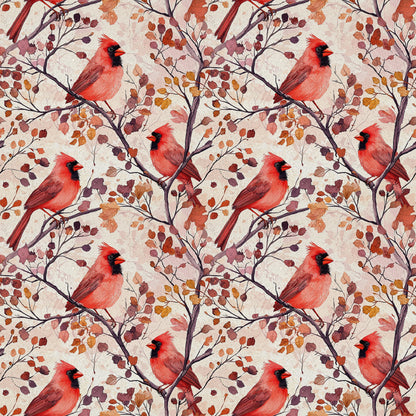 red cardinals, autumn leaves, birds, branches, coral red, burgundy, orange, brown, watercolor style, repeating pattern, quilting cotton, fabric panel, seasonal design, nature motif, fall colors, botanical elements, wildlife pattern, artistic illustration, warm tones, perched birds