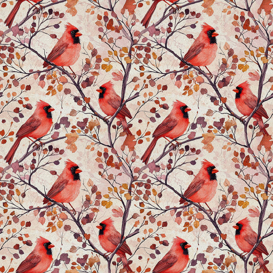 red cardinals, autumn leaves, birds, branches, coral red, burgundy, orange, brown, watercolor style, repeating pattern, quilting cotton, fabric panel, seasonal design, nature motif, fall colors, botanical elements, wildlife pattern, artistic illustration, warm tones, perched birds