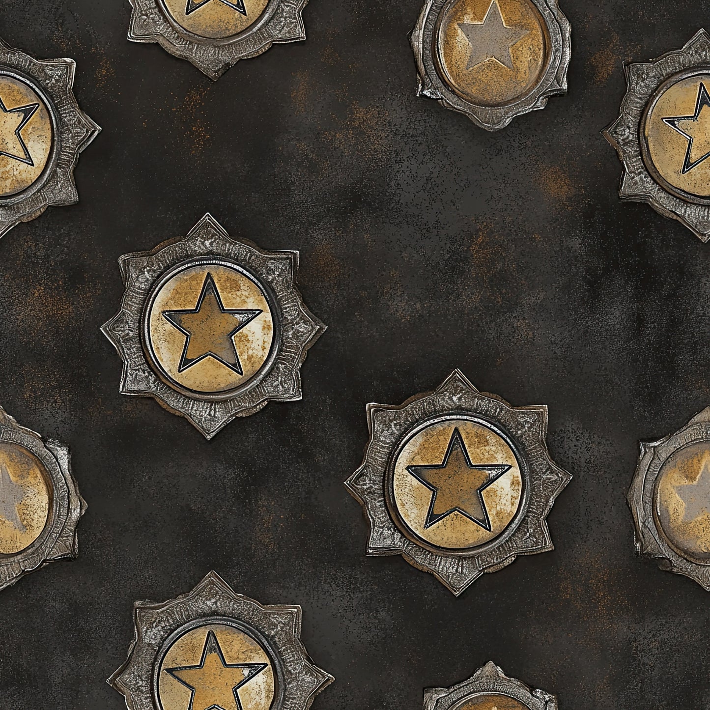 western themed, star badges, sheriff badges, metallic gold, bronze, dark brown, black background, vintage style, distressed texture, law enforcement, cowboy motifs, quilting cotton, fabric panel, rustic appearance, weathered metal, circular badges, pointed star design, western americana, antique finish, repeating pattern