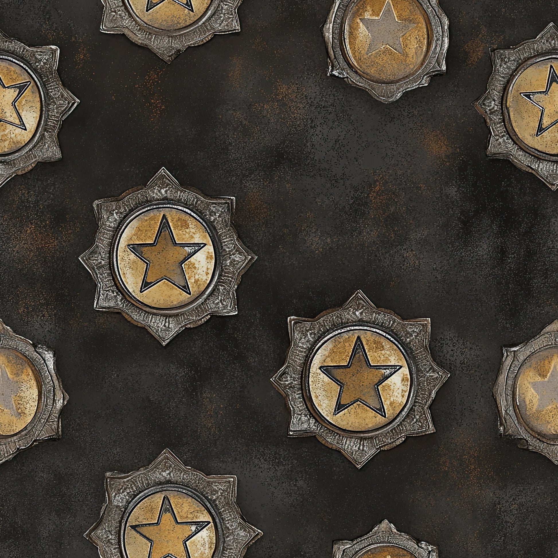 western themed, star badges, sheriff badges, metallic gold, bronze, dark brown, black background, vintage style, distressed texture, law enforcement, cowboy motifs, quilting cotton, fabric panel, rustic appearance, weathered metal, circular badges, pointed star design, western americana, antique finish, repeating pattern