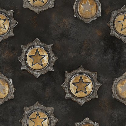 western themed, star badges, sheriff badges, metallic gold, bronze, dark brown, black background, vintage style, distressed texture, law enforcement, cowboy motifs, quilting cotton, fabric panel, rustic appearance, weathered metal, circular badges, pointed star design, western americana, antique finish, repeating pattern
