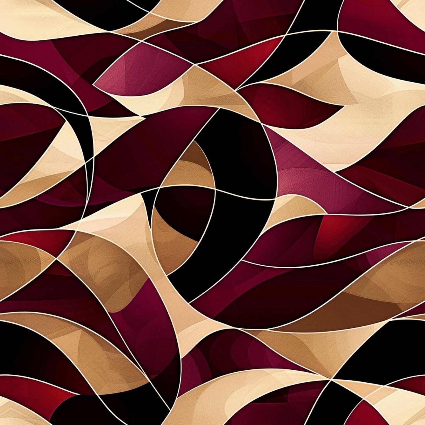 burgundy, maroon, crimson, beige, tan, cream, black, abstract waves, flowing curves, geometric shapes, overlapping ribbons, swirling pattern, contemporary design, modern art, dynamic movement, quilting cotton, fabric panel, layered composition, warm tones, artistic swirls