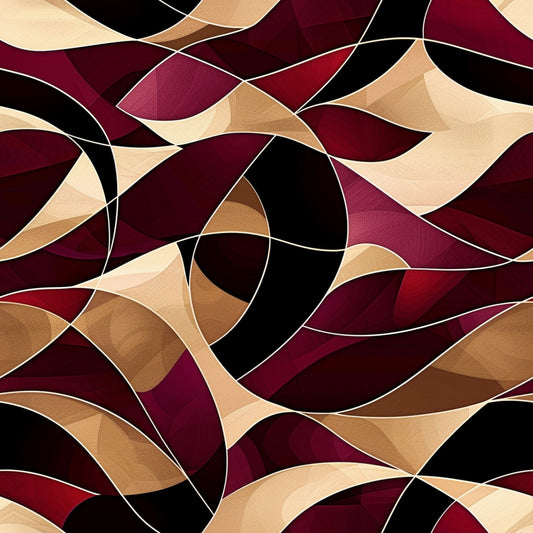 burgundy, maroon, crimson, beige, tan, cream, black, abstract waves, flowing curves, geometric shapes, overlapping ribbons, swirling pattern, contemporary design, modern art, dynamic movement, quilting cotton, fabric panel, layered composition, warm tones, artistic swirls