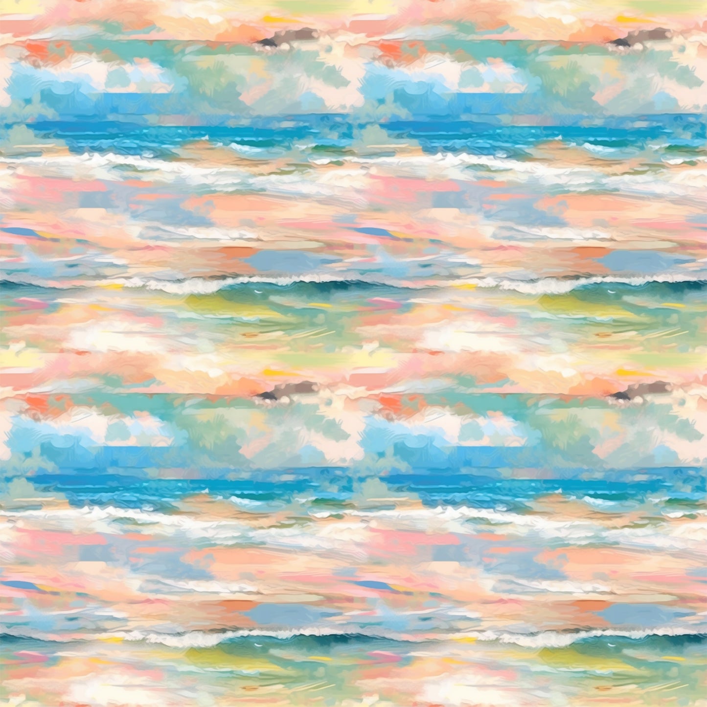 impressionist style, watercolor effect, ocean waves, seascape, coral pink, turquoise blue, sage green, peach tones, yellow accents, white foam, rolling waves, coastal scene, painterly brushstrokes, soft blended colors, quilting cotton, fabric panel, beachscape, maritime theme, flowing water, artistic waves