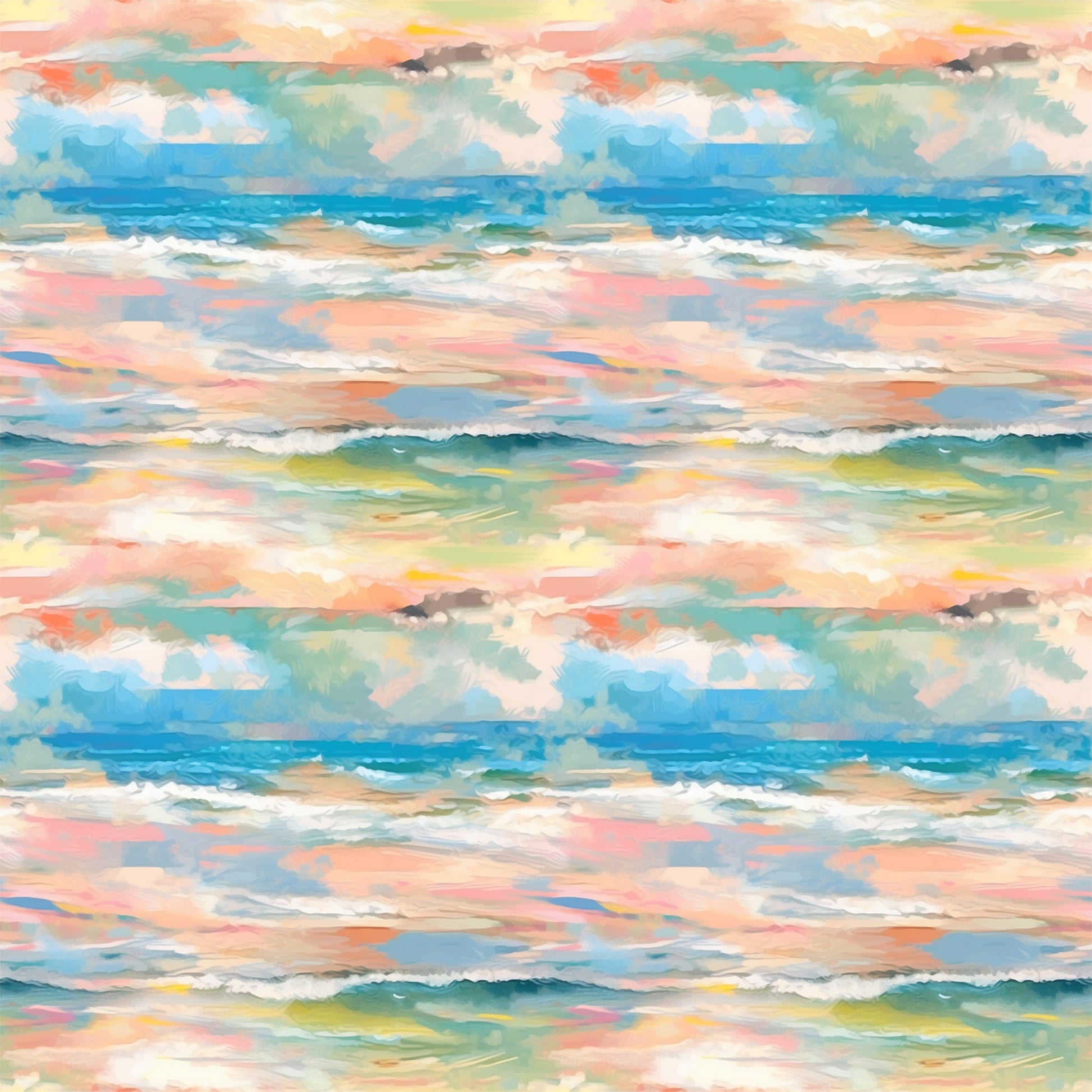 impressionist style, watercolor effect, ocean waves, seascape, coral pink, turquoise blue, sage green, peach tones, yellow accents, white foam, rolling waves, coastal scene, painterly brushstrokes, soft blended colors, quilting cotton, fabric panel, beachscape, maritime theme, flowing water, artistic waves