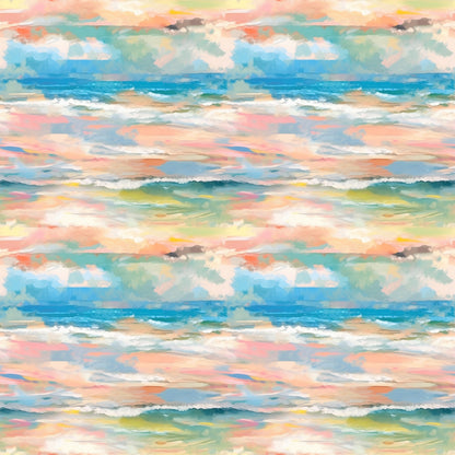 impressionist style, watercolor effect, ocean waves, seascape, coral pink, turquoise blue, sage green, peach tones, yellow accents, white foam, rolling waves, coastal scene, painterly brushstrokes, soft blended colors, quilting cotton, fabric panel, beachscape, maritime theme, flowing water, artistic waves