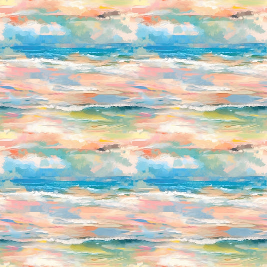 impressionist style, watercolor effect, ocean waves, seascape, coral pink, turquoise blue, sage green, peach tones, yellow accents, white foam, rolling waves, coastal scene, painterly brushstrokes, soft blended colors, quilting cotton, fabric panel, beachscape, maritime theme, flowing water, artistic waves