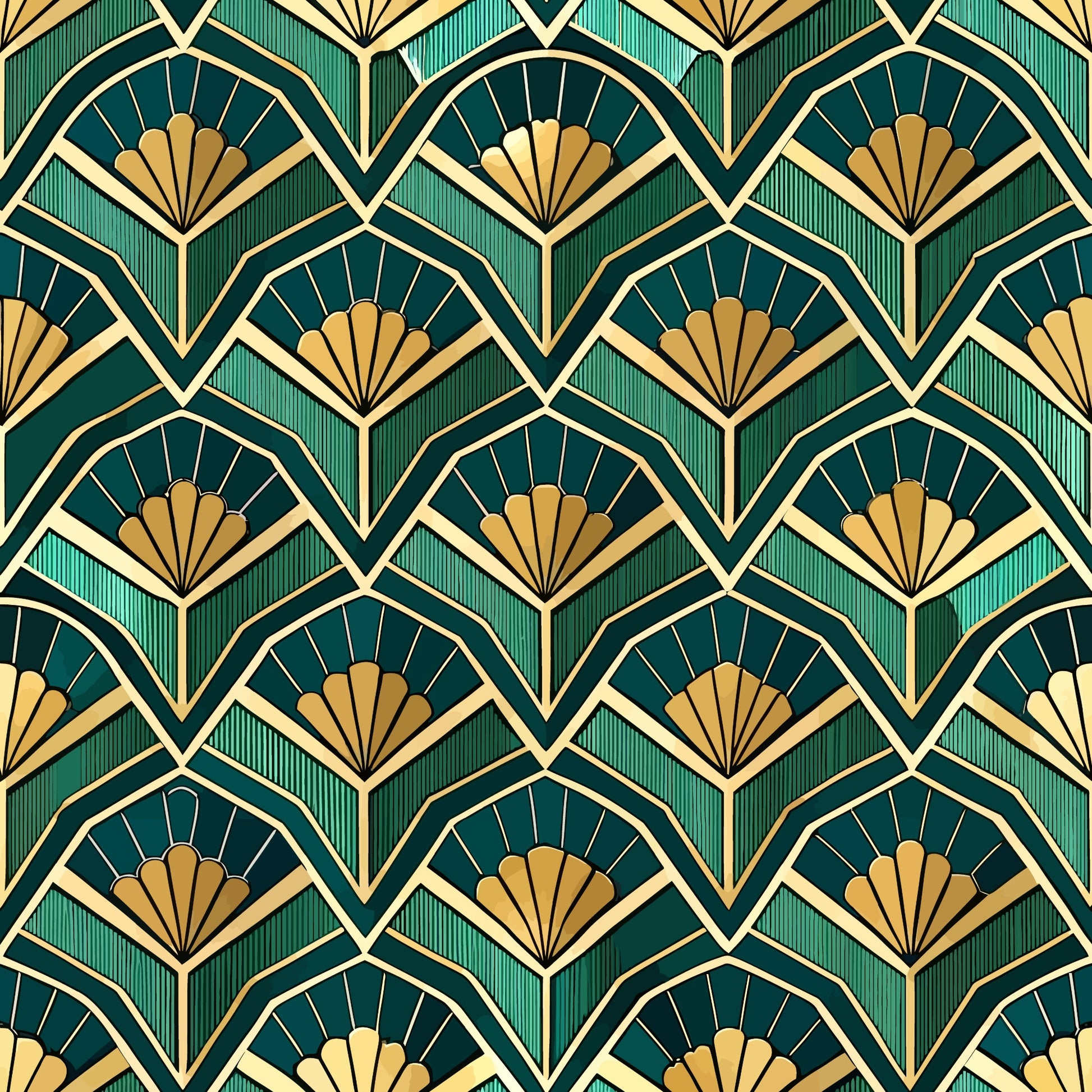 emerald green, gold, cream, art deco, fan pattern, geometric design, repeating motif, luxurious, elegant, vintage style, quilting cotton, fabric panel, ornate details, symmetrical pattern, decorative fans, intricate linework, sophisticated palette, 1920s inspired, glamorous aesthetic