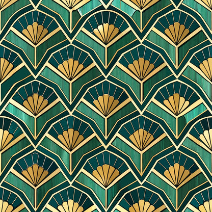 emerald green, gold, cream, art deco, fan pattern, geometric design, repeating motif, luxurious, elegant, vintage style, quilting cotton, fabric panel, ornate details, symmetrical pattern, decorative fans, intricate linework, sophisticated palette, 1920s inspired, glamorous aesthetic