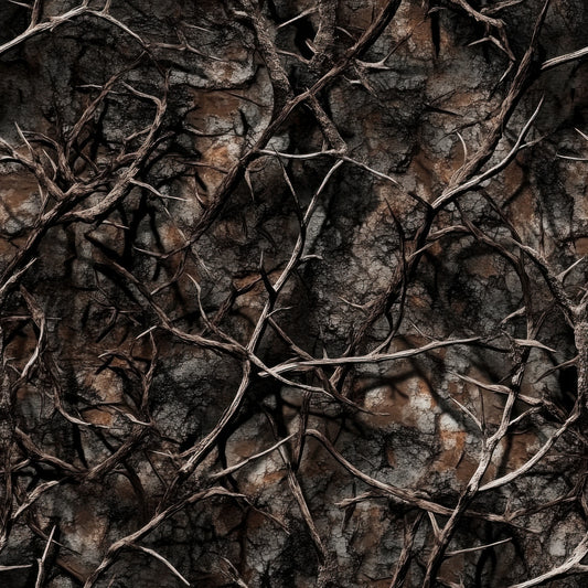 realistic camo, hunting pattern, brown tones, tan colors, dark brown, charcoal gray, tree branches, twigs, bark texture, camouflage design, outdoor theme, woodland pattern, natural elements, quilting cotton, fabric panel, earth tones, rustic pattern, hunting motif, branches overlay, nature inspired