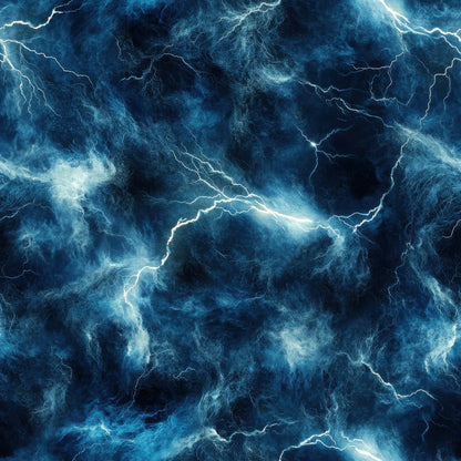 deep blue, navy blue, electric blue, white lightning, thunderbolt pattern, storm clouds, dramatic sky, lightning bolts, electrical discharge, stormy weather, quilting cotton, fabric panel, swirling clouds, atmospheric design, weather pattern, electric storm, turbulent sky, nature elements, storm system, meteorological theme