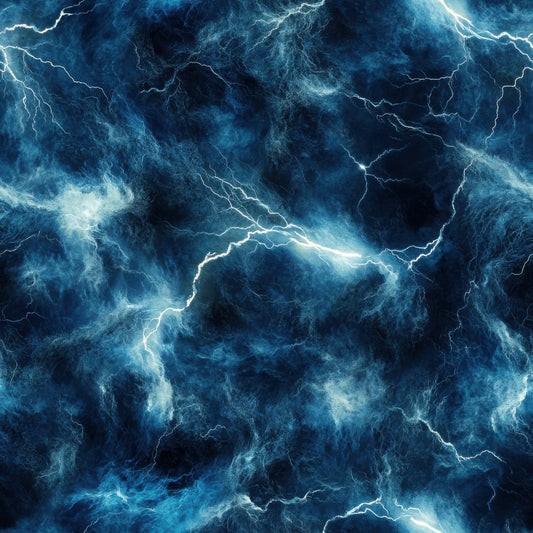 deep blue, navy blue, electric blue, white lightning, thunderbolt pattern, storm clouds, dramatic sky, lightning bolts, electrical discharge, stormy weather, quilting cotton, fabric panel, swirling clouds, atmospheric design, weather pattern, electric storm, turbulent sky, nature elements, storm system, meteorological theme