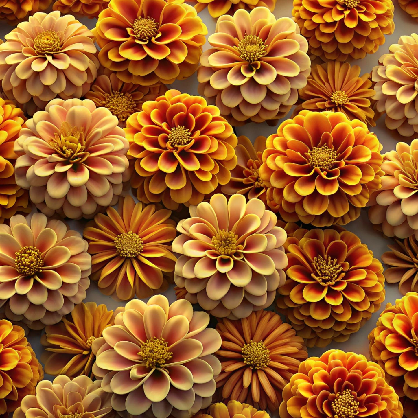 realistic flowers, autumn colors, orange petals, golden yellow, warm amber, bronze tones, dahlia blooms, zinnia flowers, floral pattern, quilting cotton, fabric panel, botanical design, layered petals, flower heads, warm palette, fall florals, detailed blooms, nature motif, seamless repeat, crafting fabric