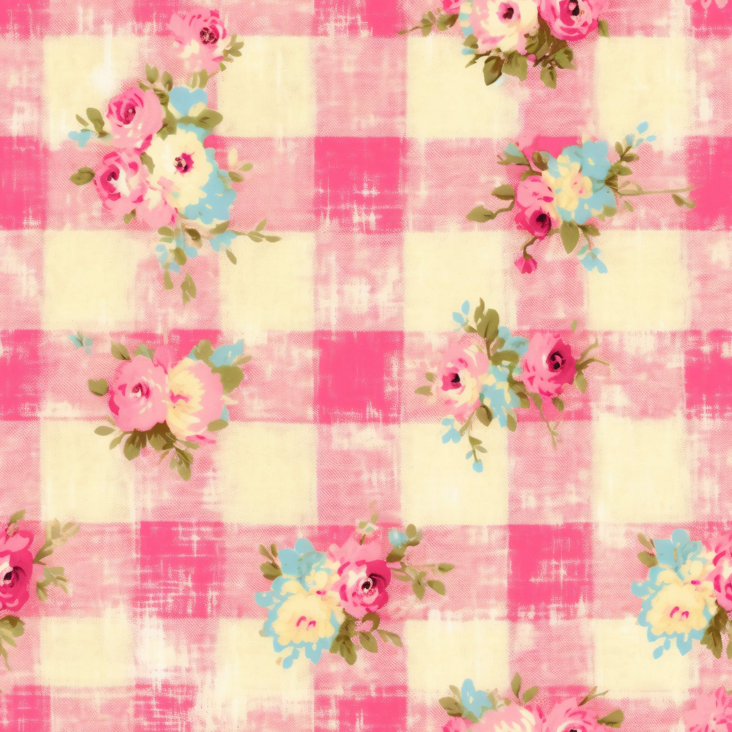 pink, cream, yellow, blue, plaid pattern, gingham, floral roses, country style, shabby chic, quilting cotton, fabric panel, vintage flowers, checkered background, cottage core, pastel colors, botanical motifs, feminine design, crafting material, patchwork suitable, distressed texture