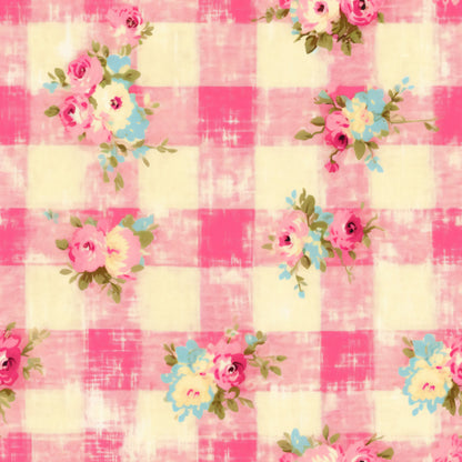 pink, cream, yellow, blue, plaid pattern, gingham, floral roses, country style, shabby chic, quilting cotton, fabric panel, vintage flowers, checkered background, cottage core, pastel colors, botanical motifs, feminine design, crafting material, patchwork suitable, distressed texture