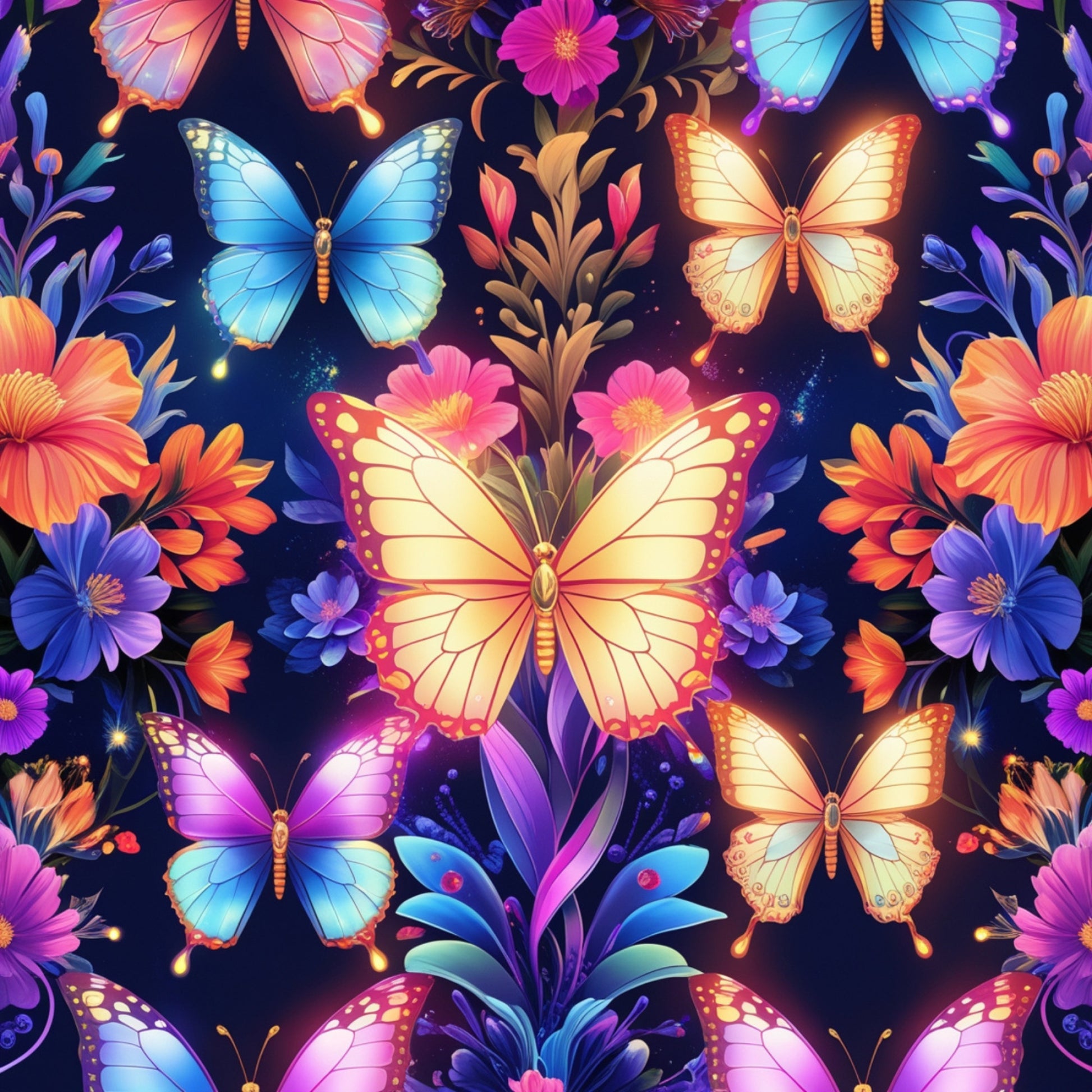 fantasy butterflies, vibrant colors, floral pattern, quilting cotton, fabric panel, purple background, blue butterflies, orange butterflies, pink flowers, tropical blooms, whimsical design, nature motif, botanical elements, colorful wings, garden theme, fantasy art, bright hues, decorative pattern, magical atmosphere, artistic illustration