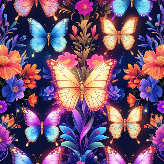 fantasy butterflies, vibrant colors, floral pattern, quilting cotton, fabric panel, purple background, blue butterflies, orange butterflies, pink flowers, tropical blooms, whimsical design, nature motif, botanical elements, colorful wings, garden theme, fantasy art, bright hues, decorative pattern, magical atmosphere, artistic illustration